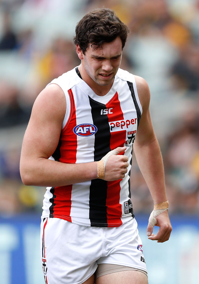AFL 2016 Rd 22 - Richmond v St Kilda MELBOURNE, AUSTRALIA - AUGUST 20: Paddy McCartin of the Saints is seen injured during the 2016 AFL Round 22 match between the Richmond Tigers and the St Kilda Saints at the Melbourne Cricket Ground on August 20, 2016 in Melbourne, Australia. (Photo by Adam Trafford/AFL Media)